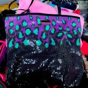 Betsey Johnson GORGEOUS Black teal purple Animal Leopard Print Sequin like New